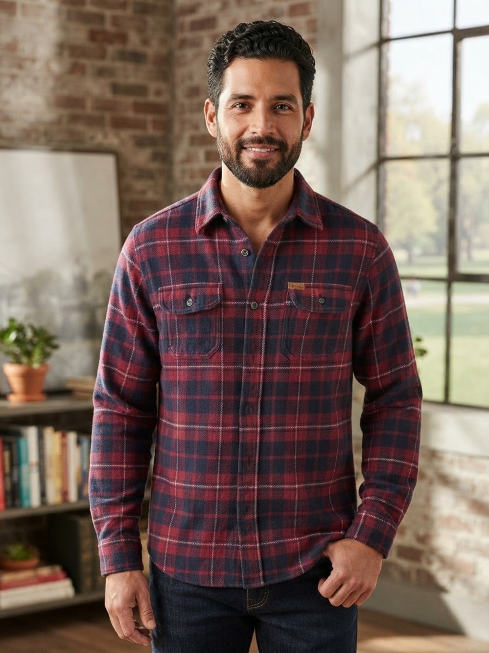 Orvis Navy and Red Plaid Hooded Shirt Jacket